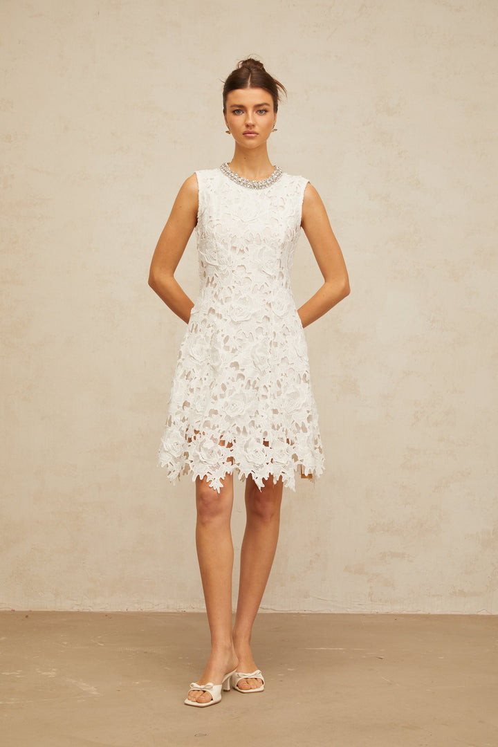 Nolwenn white embellished corded-lace mini dress - Celestia Couture