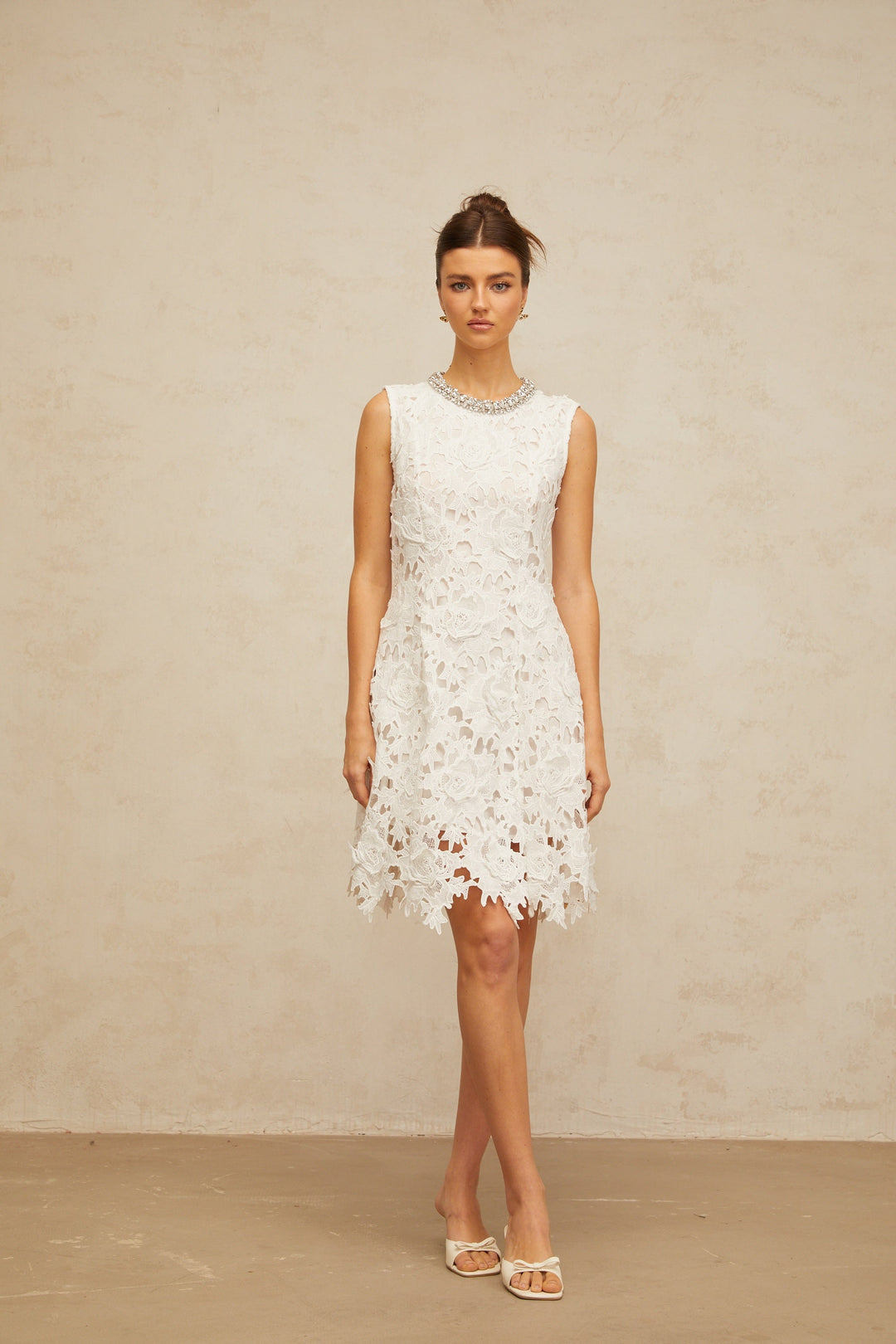 Nolwenn white embellished corded-lace mini dress - Celestia Couture