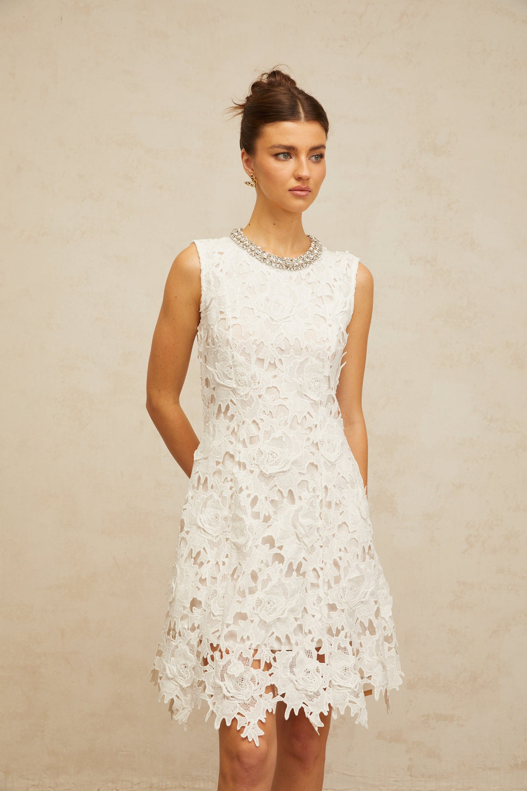Nolwenn white embellished corded-lace mini dress - Celestia Couture