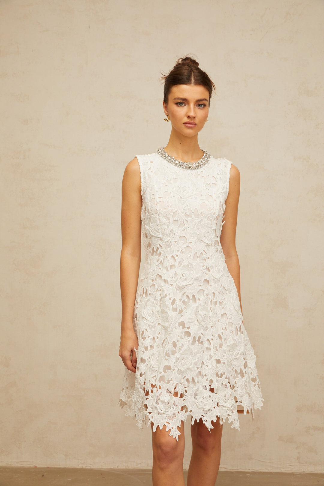Nolwenn white embellished corded-lace mini dress - Celestia Couture