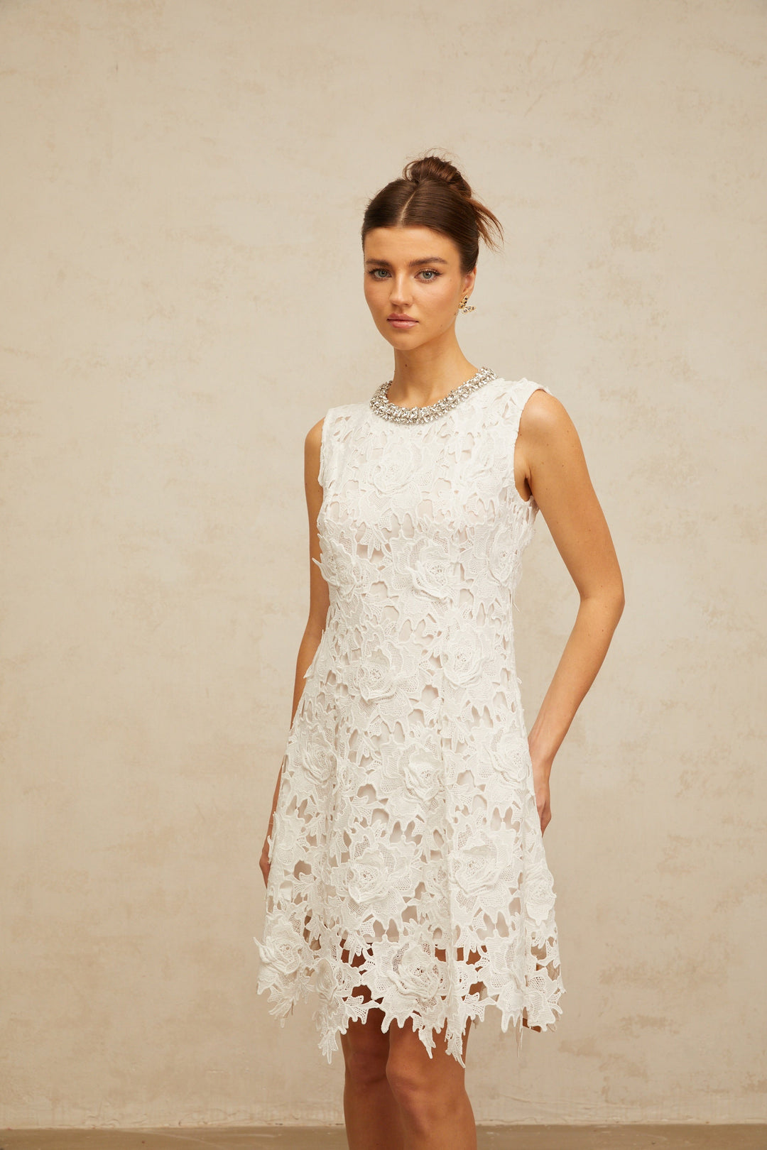 Nolwenn white embellished corded-lace mini dress - Celestia Couture