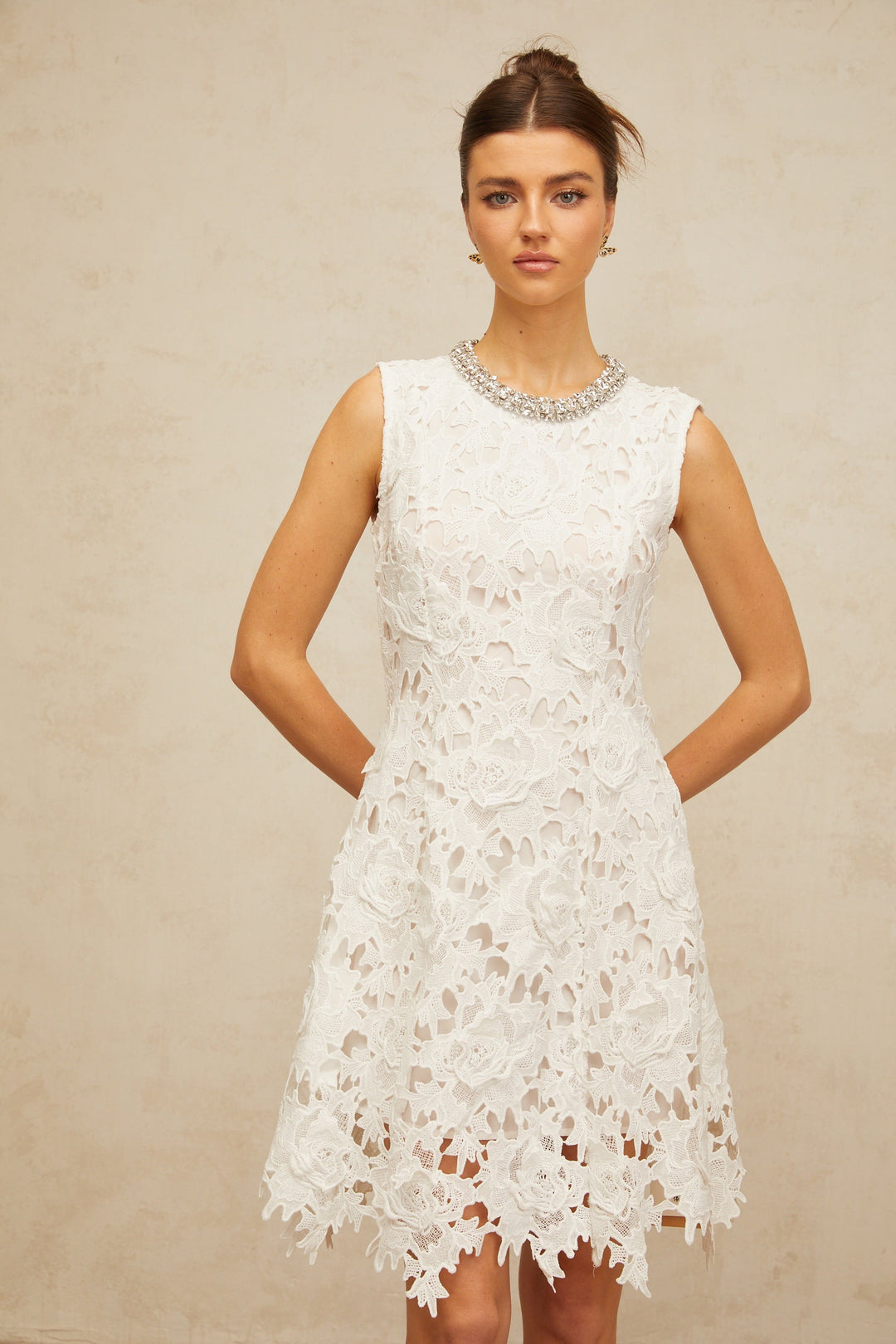 Nolwenn white embellished corded-lace mini dress - Celestia Couture