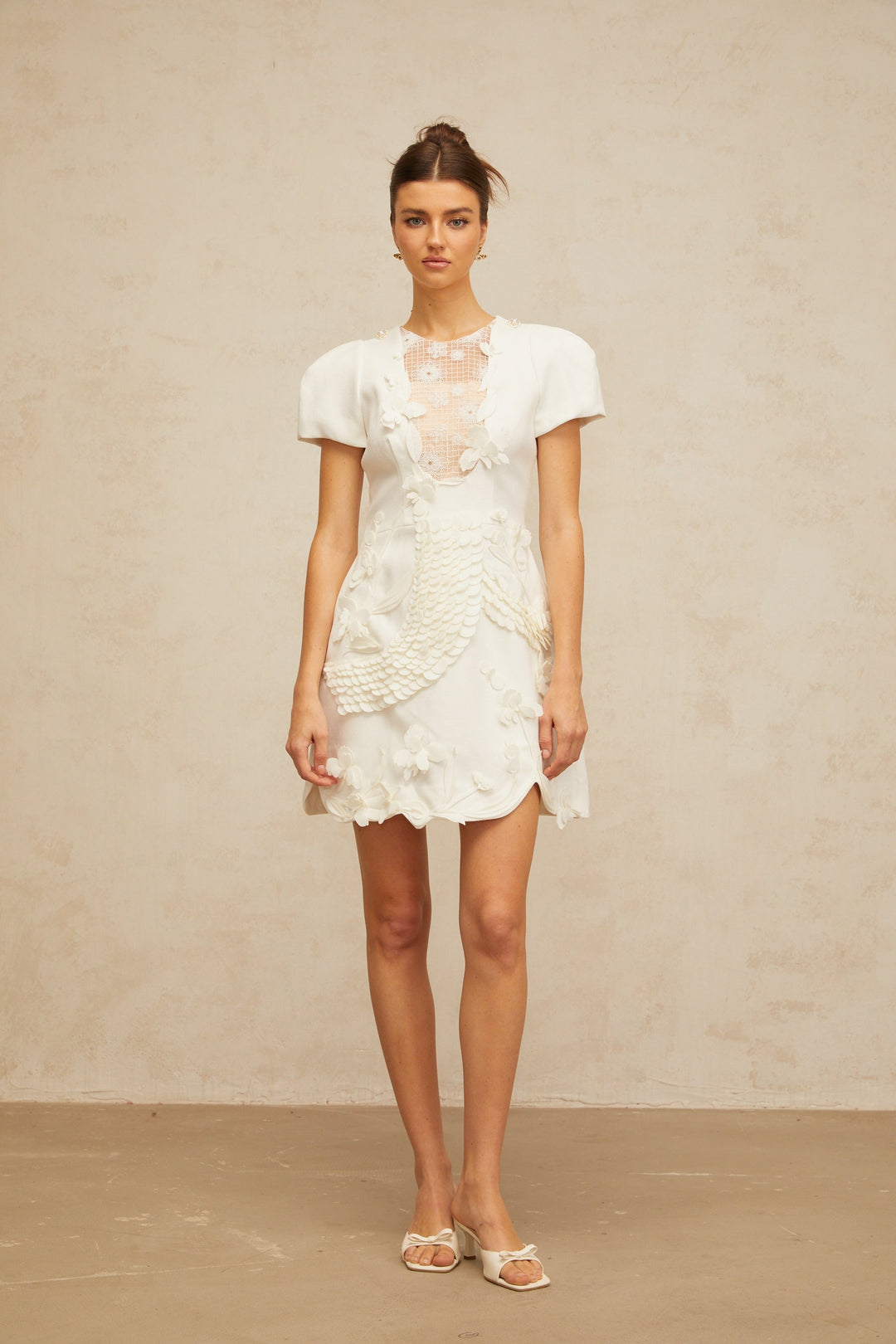 Frida white floral-appliqué puff mini dress - Celestia Couture