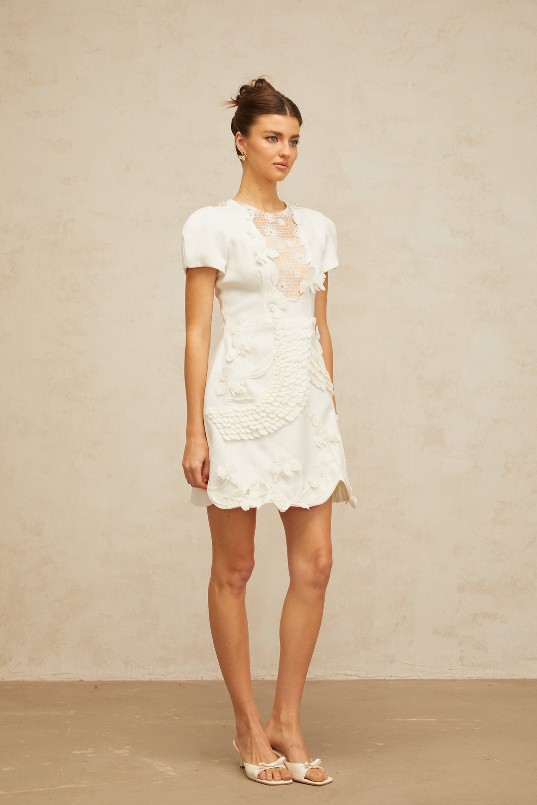 Frida white floral-appliqué puff mini dress - Celestia Couture
