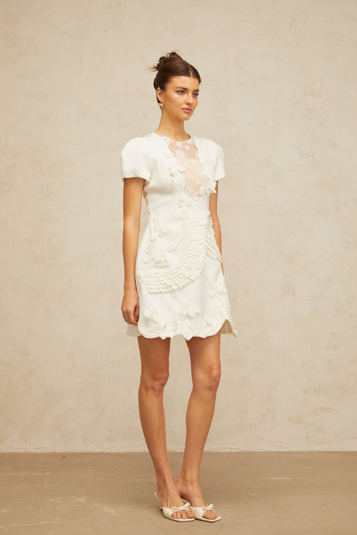 Frida white floral-appliqué puff mini dress - Celestia Couture