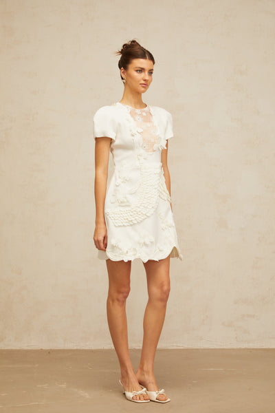 Frida white floral-appliqué puff mini dress