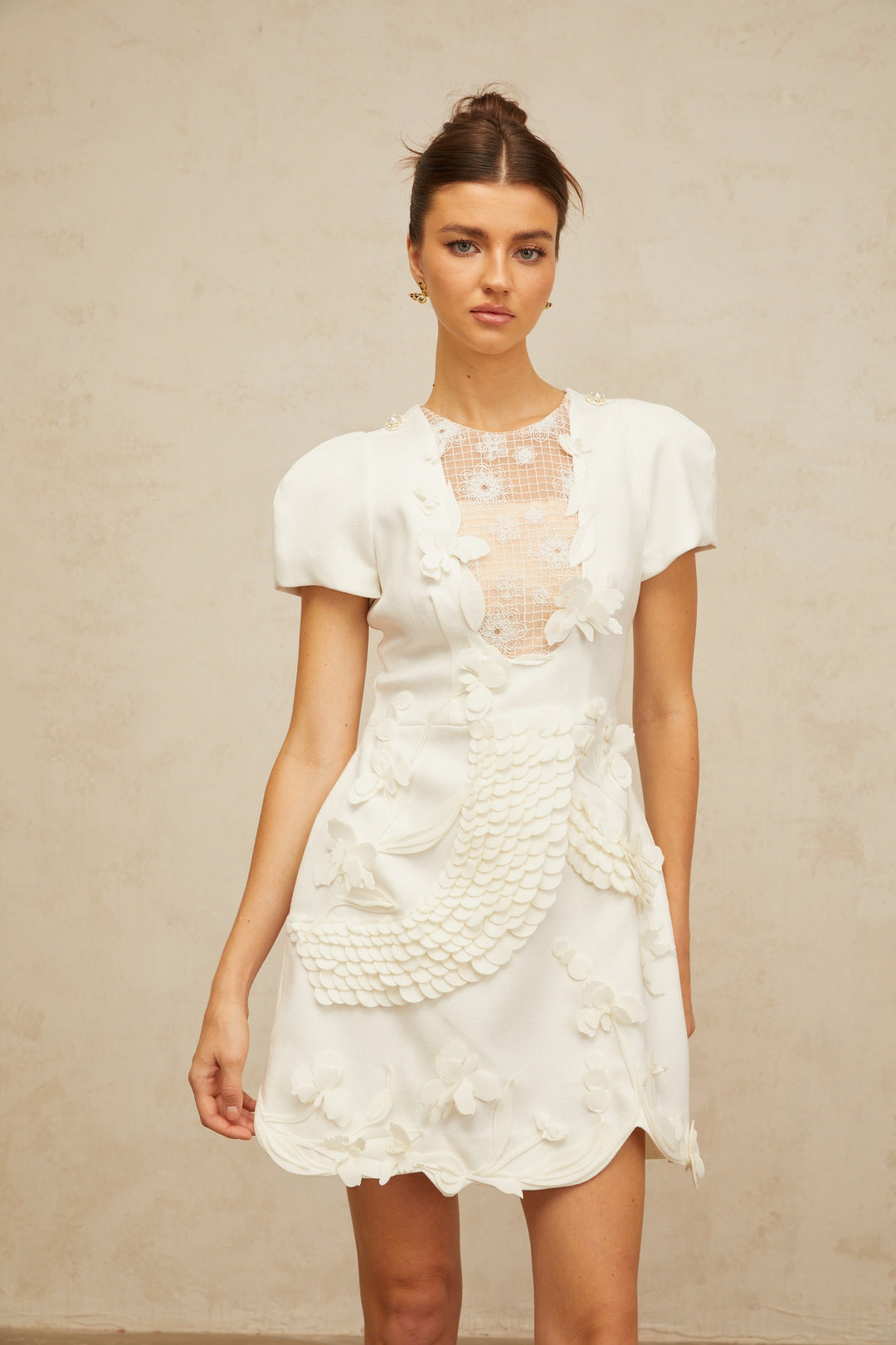 Frida white floral-appliqué puff mini dress - Celestia Couture