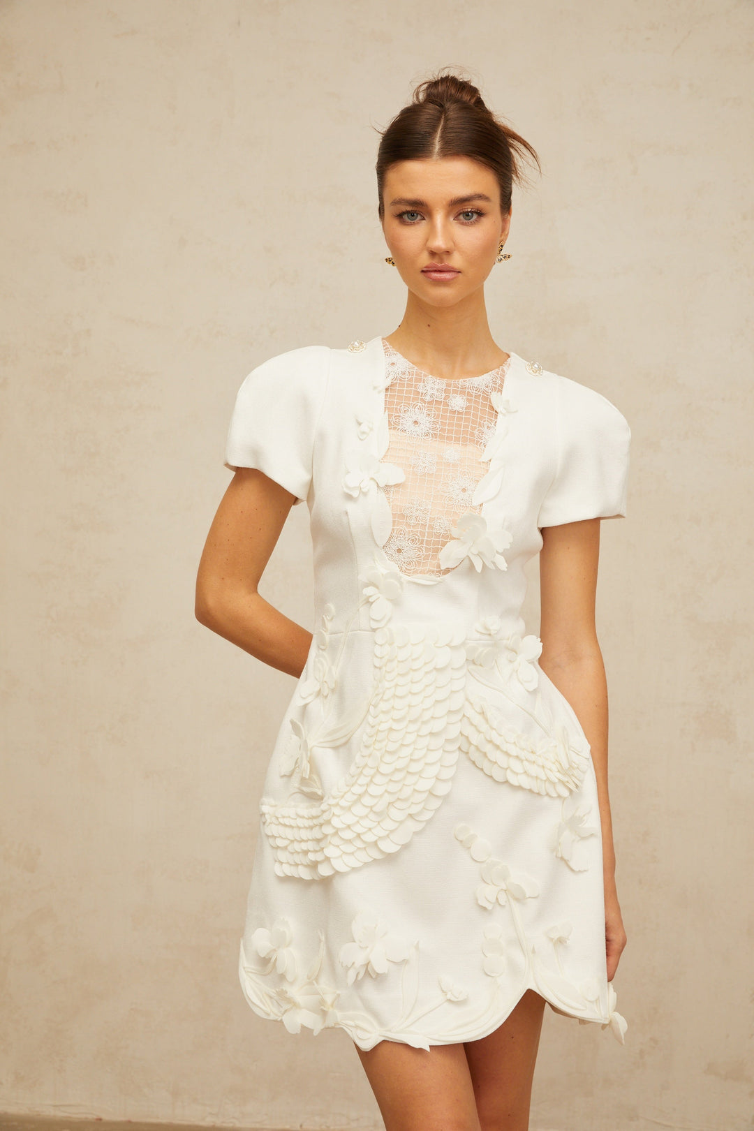Frida white floral-appliqué puff mini dress - Celestia Couture