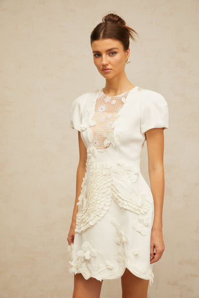 Frida white floral-appliqué puff mini dress