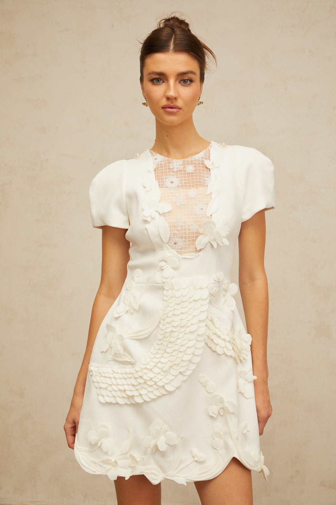 Frida white floral-appliqué puff mini dress - Celestia Couture