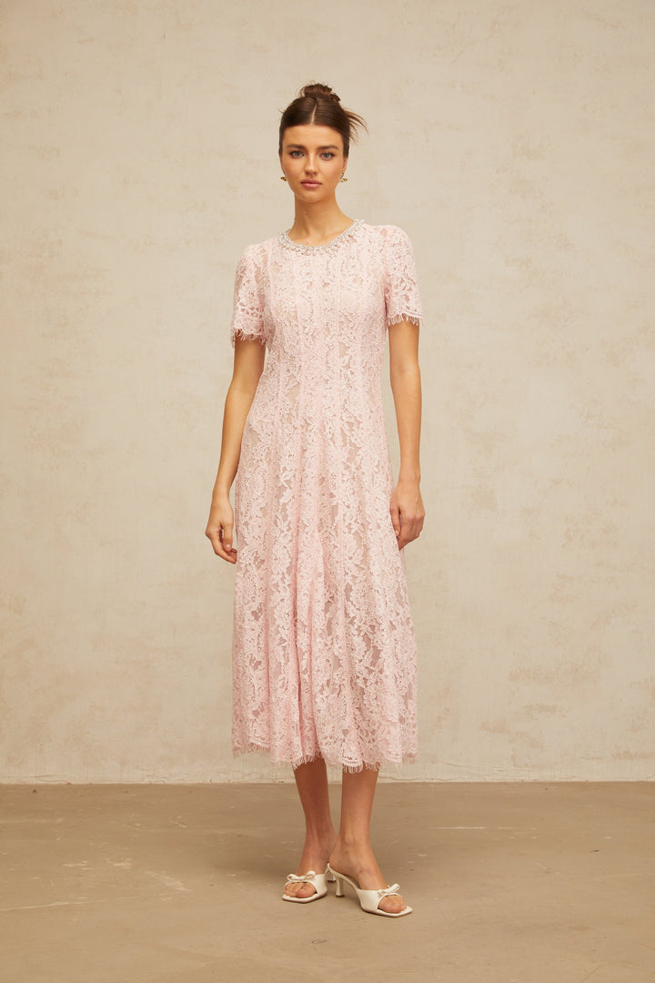 Dulcie pink embellished floral-lace midi dress - Celestia Couture