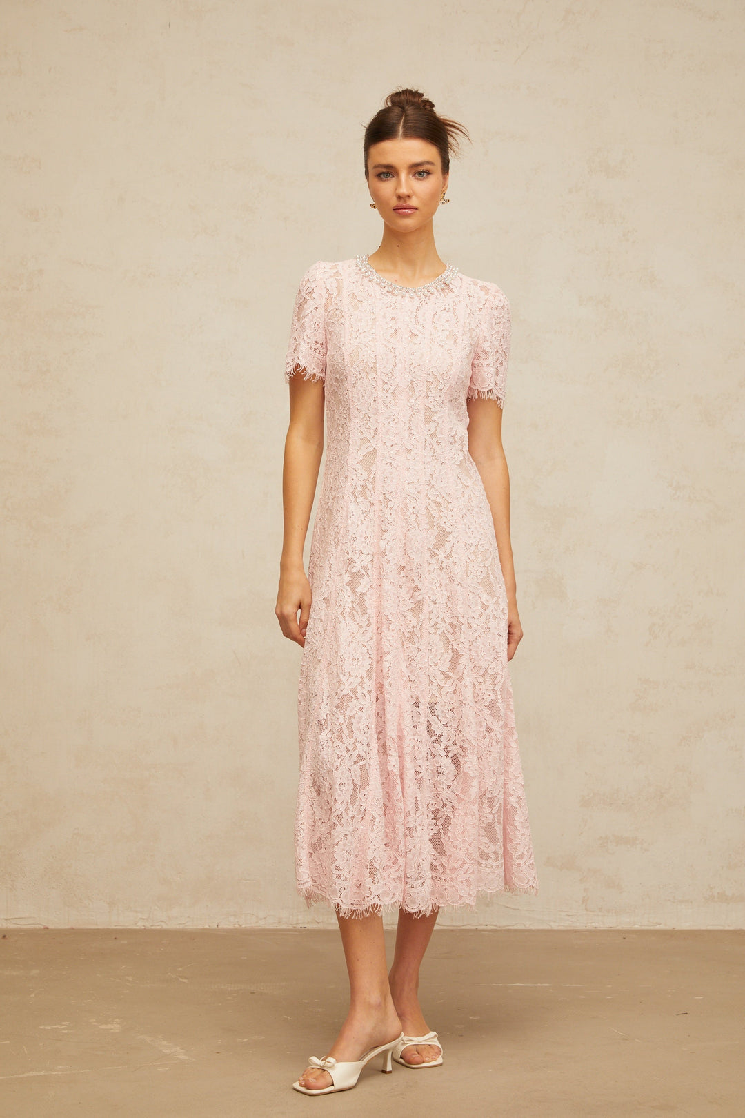 Dulcie pink embellished floral-lace midi dress - Celestia Couture
