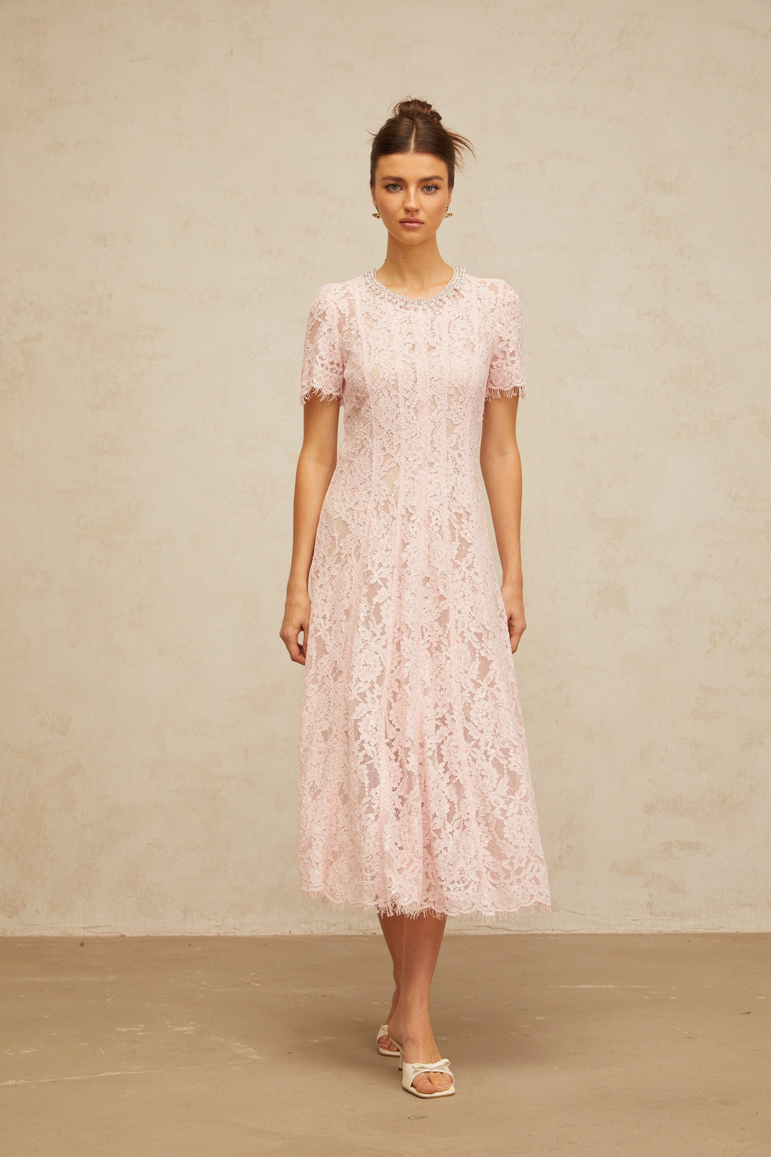 Dulcie pink embellished floral-lace midi dress - Celestia Couture