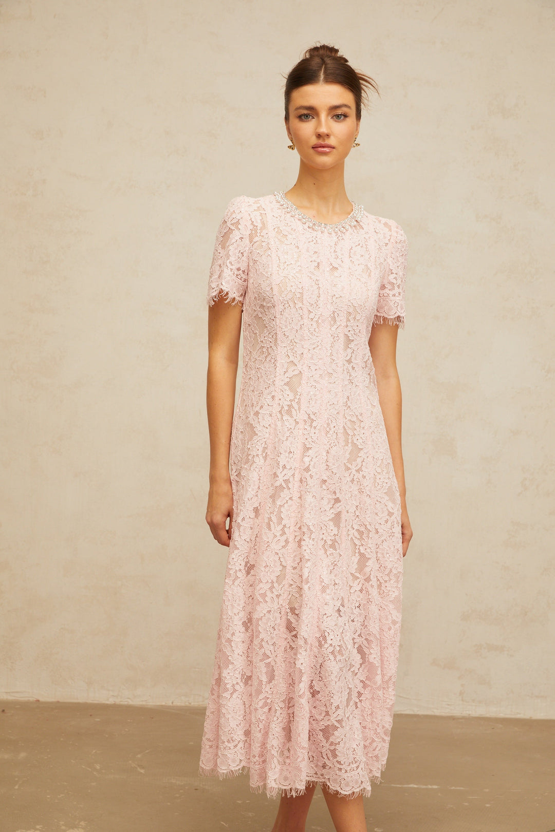 Dulcie pink embellished floral-lace midi dress - Celestia Couture