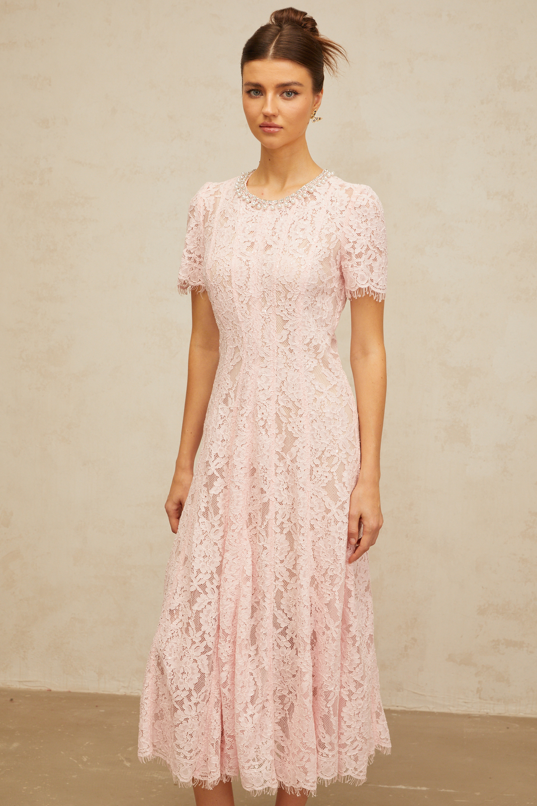 Dulcie pink embellished floral-lace midi dress - Celestia Couture