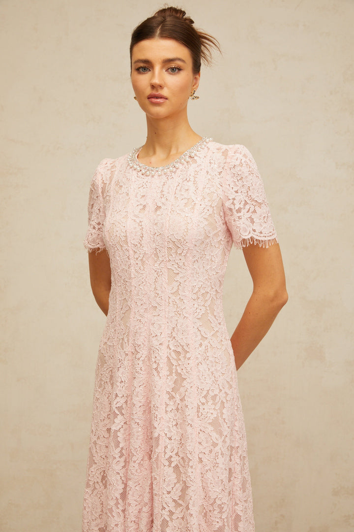 Dulcie pink embellished floral-lace midi dress - Celestia Couture