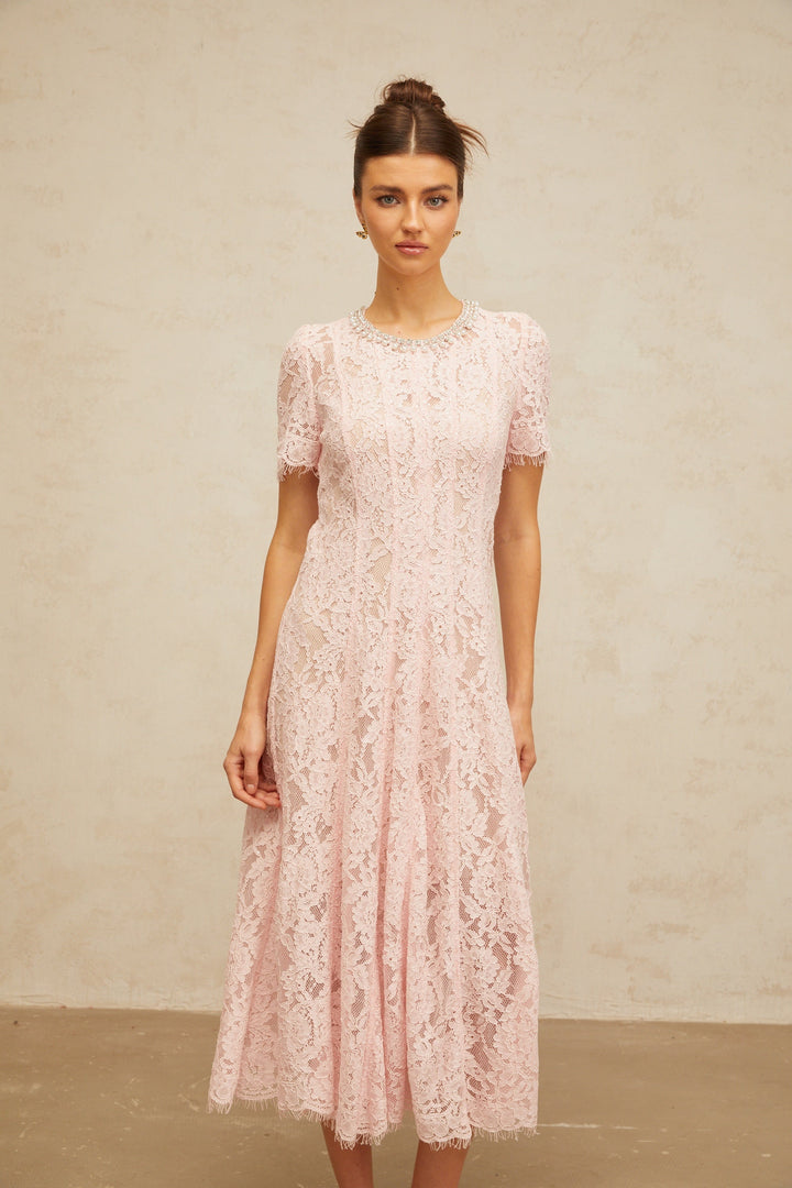 Dulcie pink embellished floral-lace midi dress - Celestia Couture
