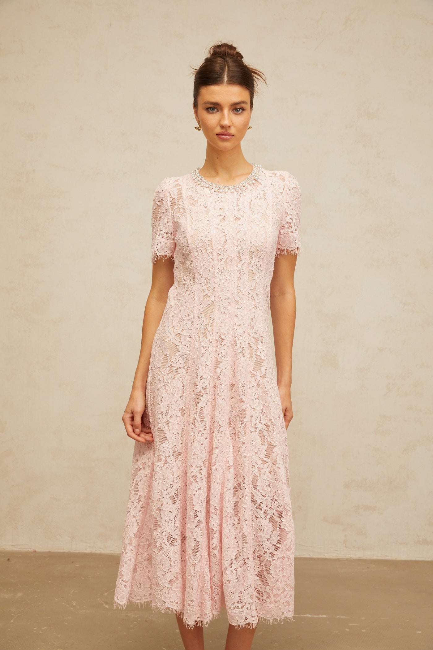 Dulcie pink embellished floral-lace midi dress