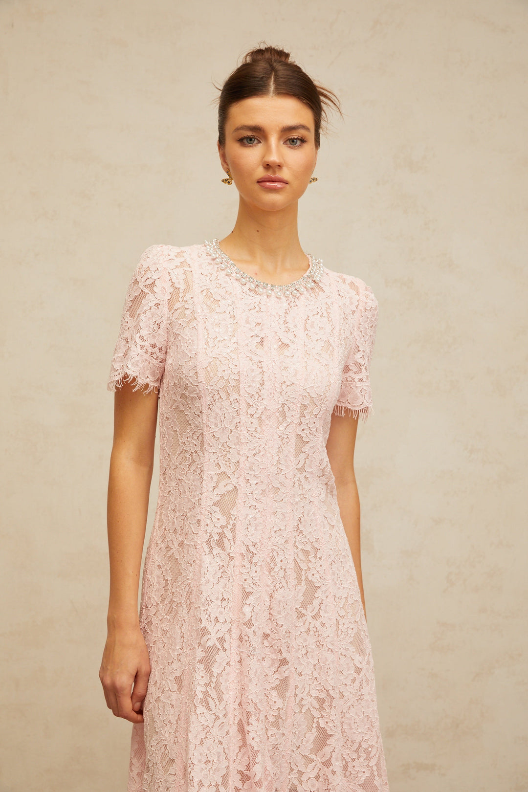 Dulcie pink embellished floral-lace midi dress - Celestia Couture
