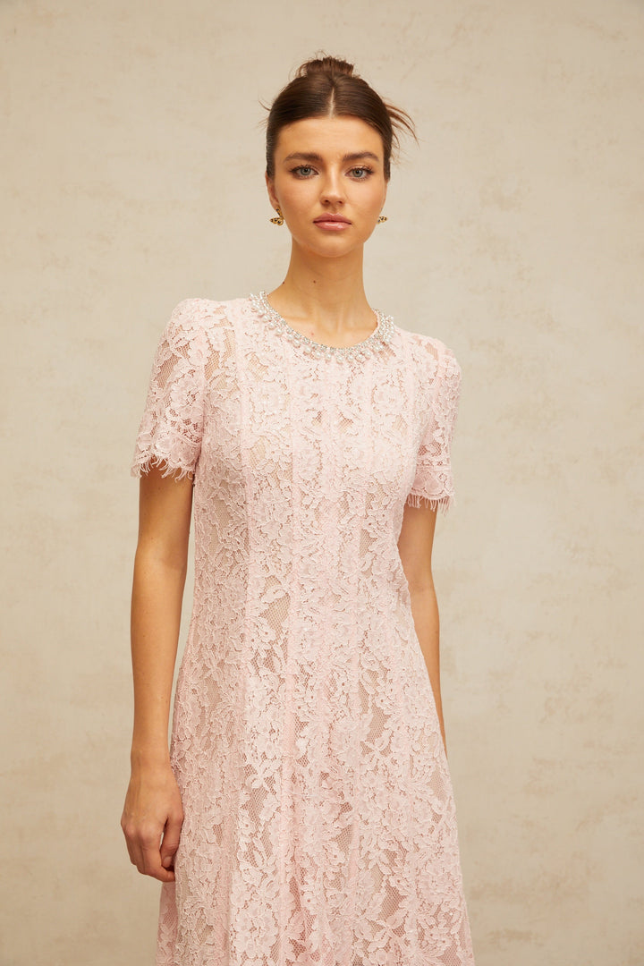 Dulcie pink embellished floral-lace midi dress - Celestia Couture