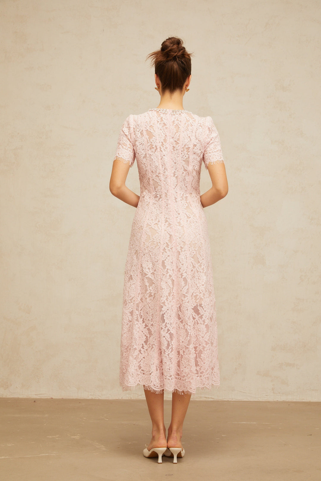 Dulcie pink embellished floral-lace midi dress - Celestia Couture