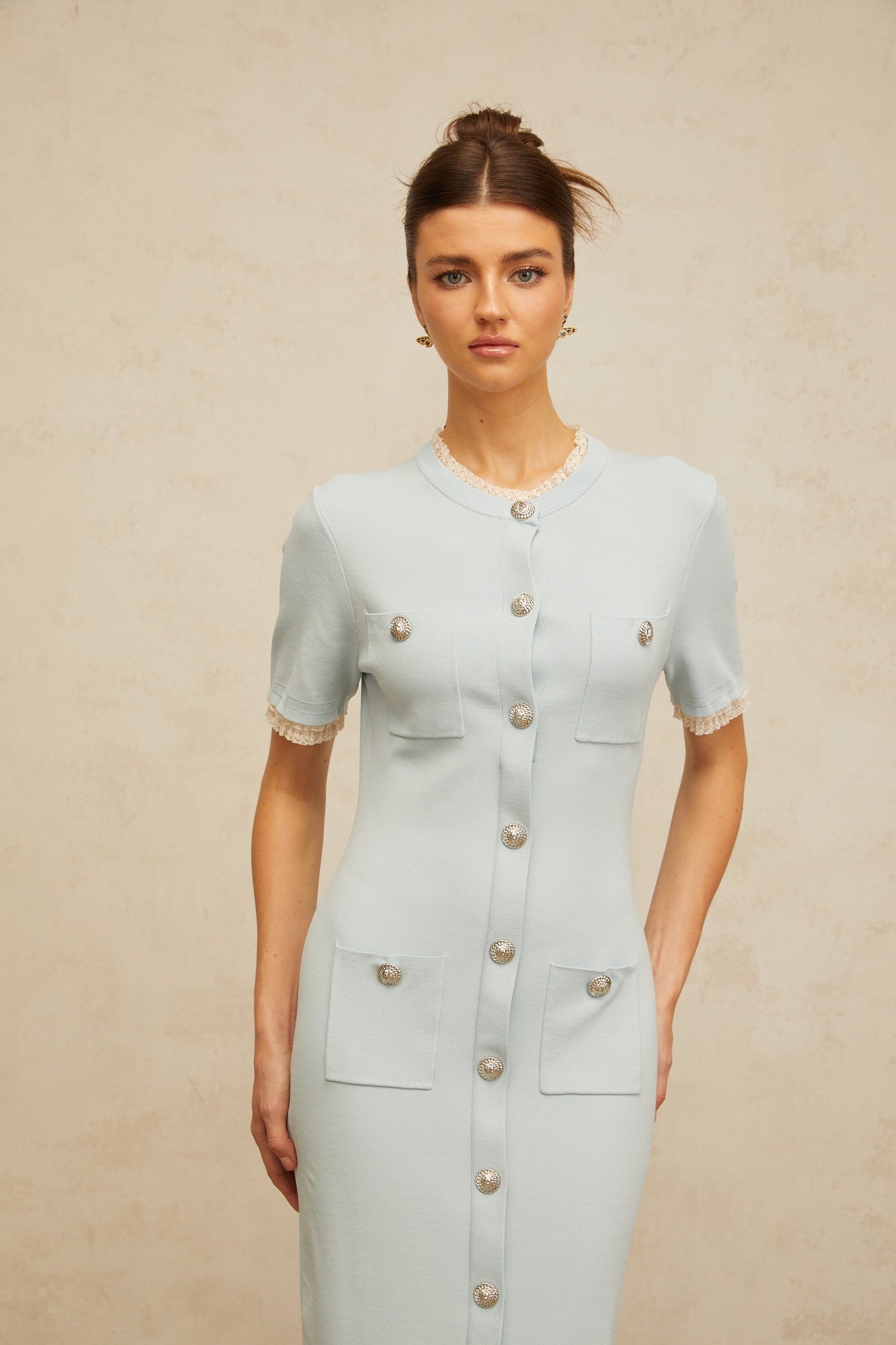 Mélisande light-blue pencil-silhouette knit midi dress