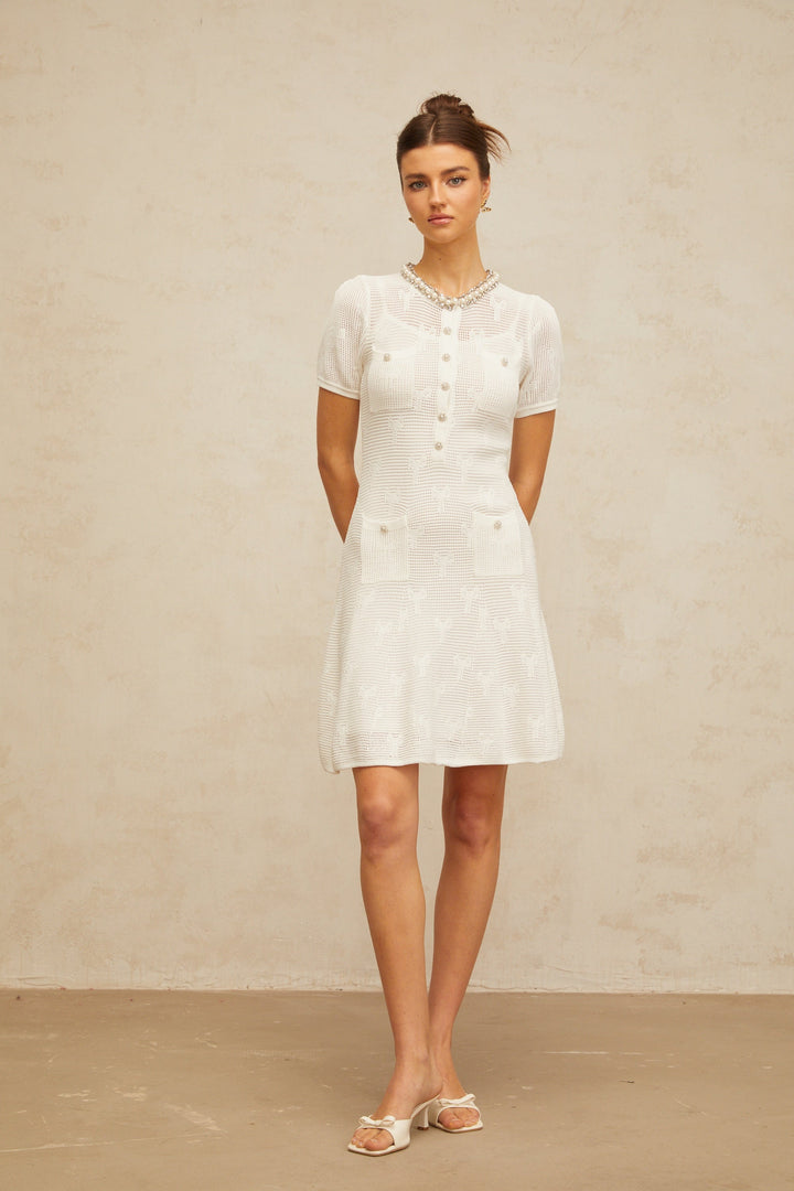 Marjolaine white embellished crochet-knit mini dress - Celestia Couture