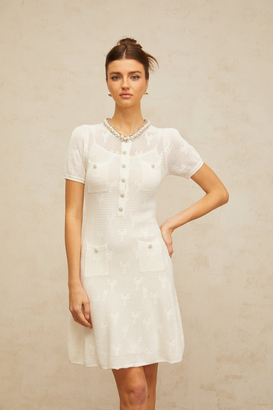 Marjolaine white embellished crochet-knit mini dress - Celestia Couture