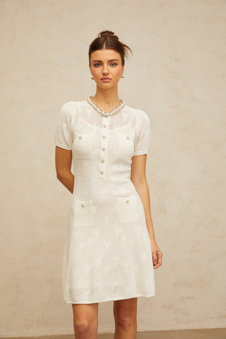 Marjolaine white embellished crochet-knit mini dress - Celestia Couture