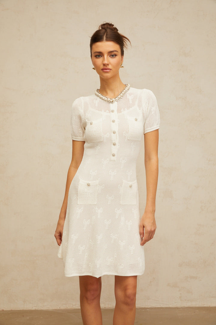 Marjolaine white embellished crochet-knit mini dress - Celestia Couture
