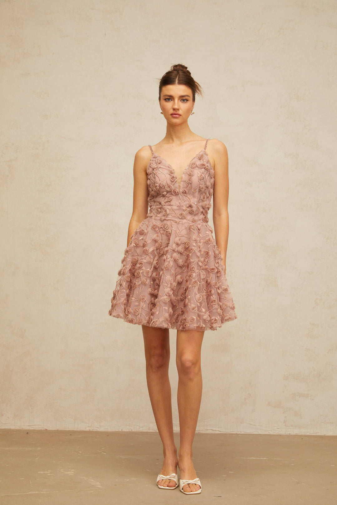 Aurore dusty-pink rose-appliqué flounced mini dress - Celestia Couture