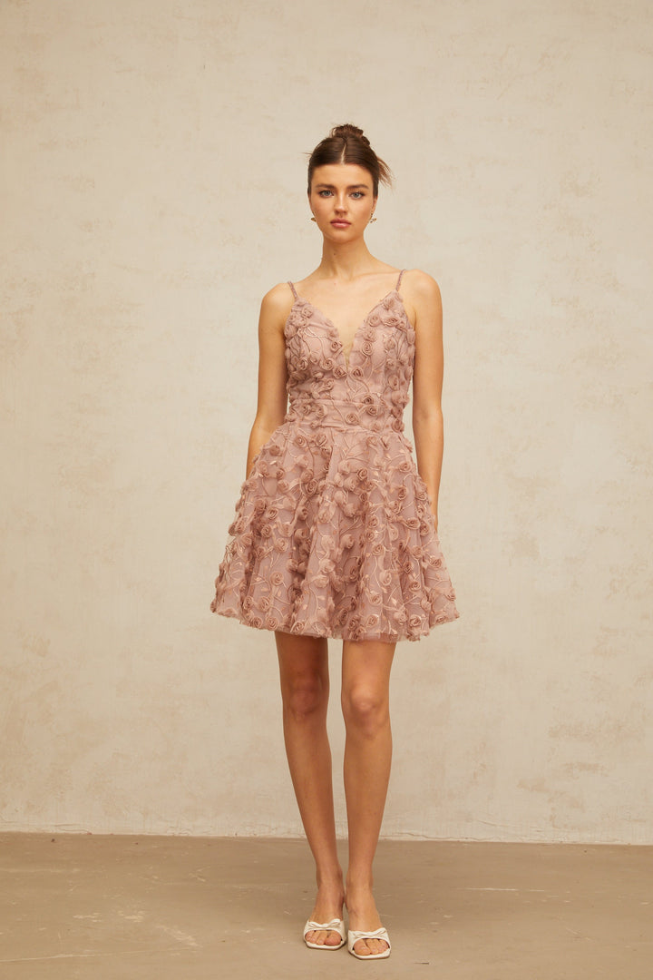 Aurore dusty-pink rose-appliqué flounced mini dress - Celestia Couture