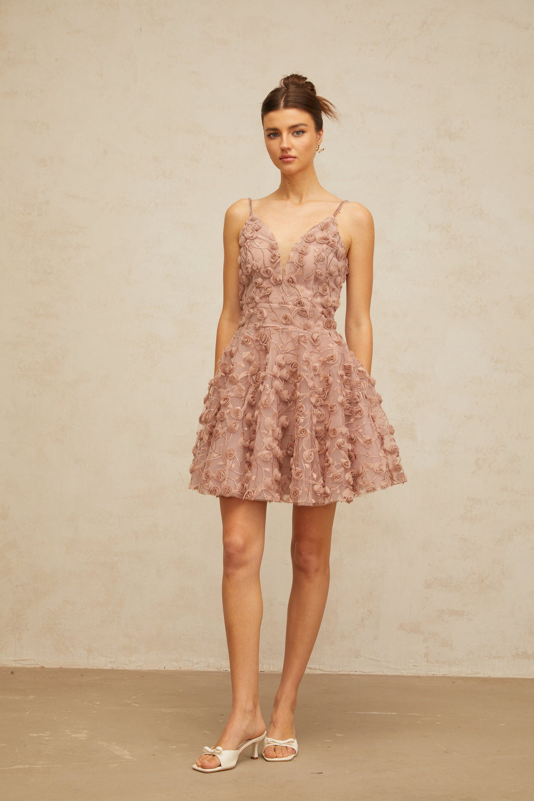 Aurore dusty-pink rose-appliqué flounced mini dress - Celestia Couture
