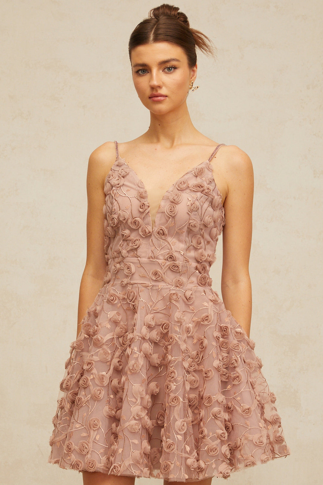 Aurore dusty-pink rose-appliqué flounced mini dress - Celestia Couture