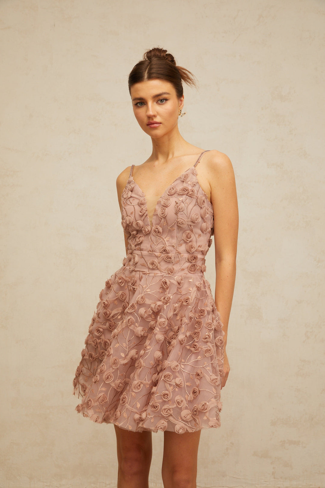 Aurore dusty-pink rose-appliqué flounced mini dress - Celestia Couture