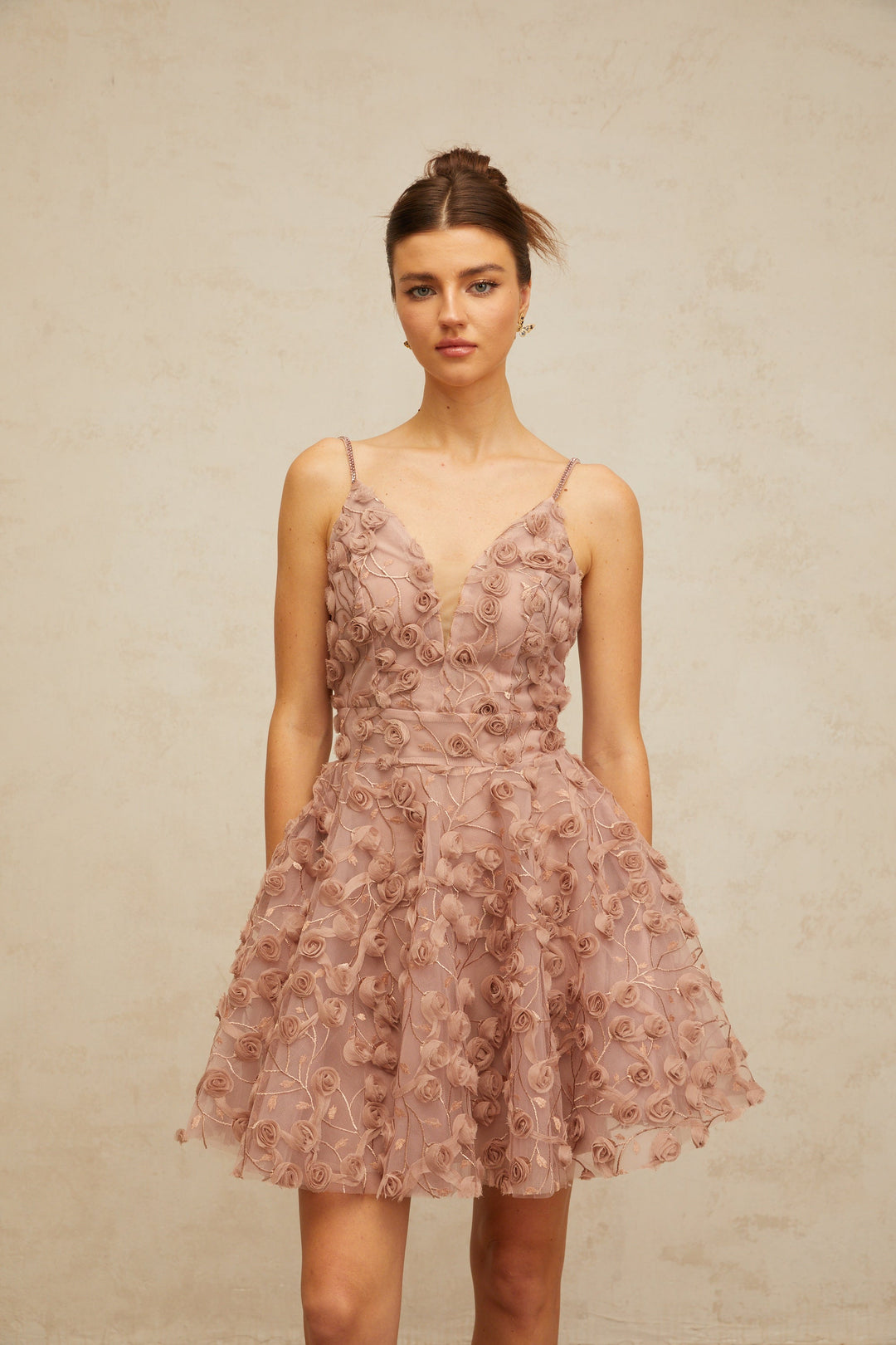 Aurore dusty-pink rose-appliqué flounced mini dress - Celestia Couture