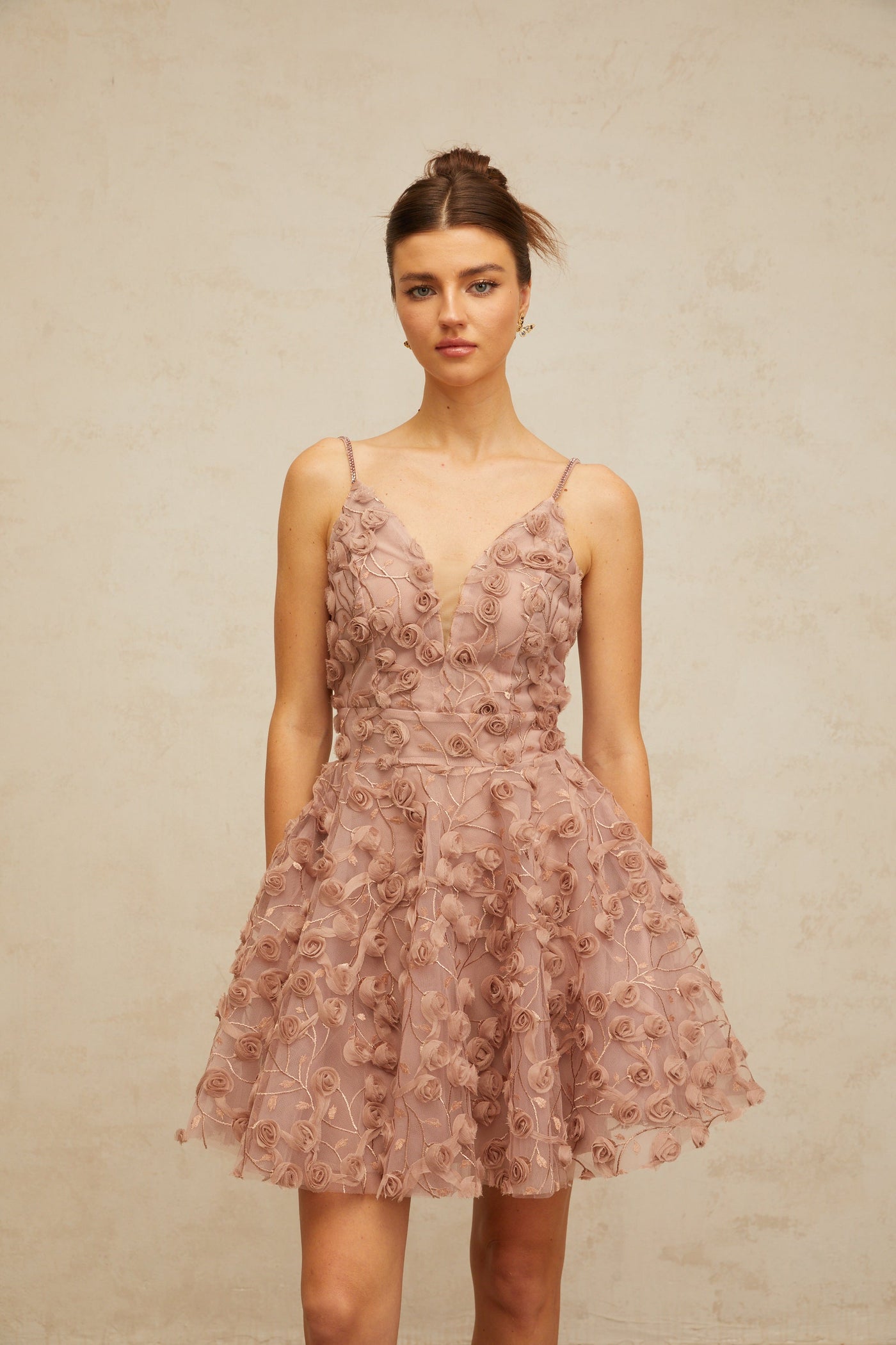 Aurore dusty-pink rose-appliqué flounced mini dress