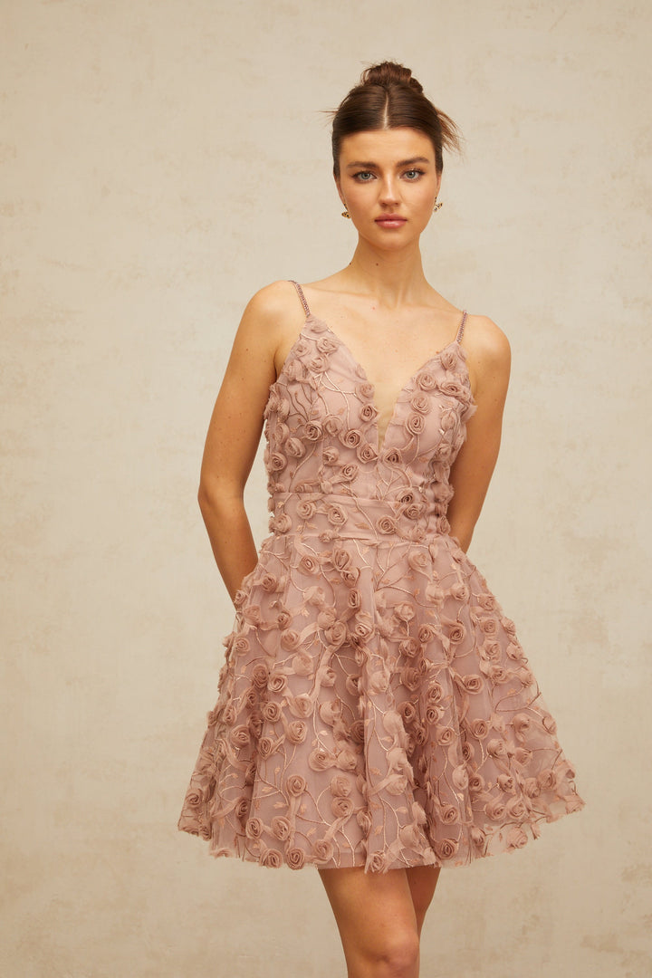 Aurore dusty-pink rose-appliqué flounced mini dress - Celestia Couture