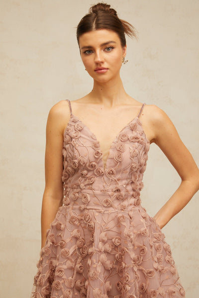 Aurore dusty-pink rose-appliqué flounced mini dress