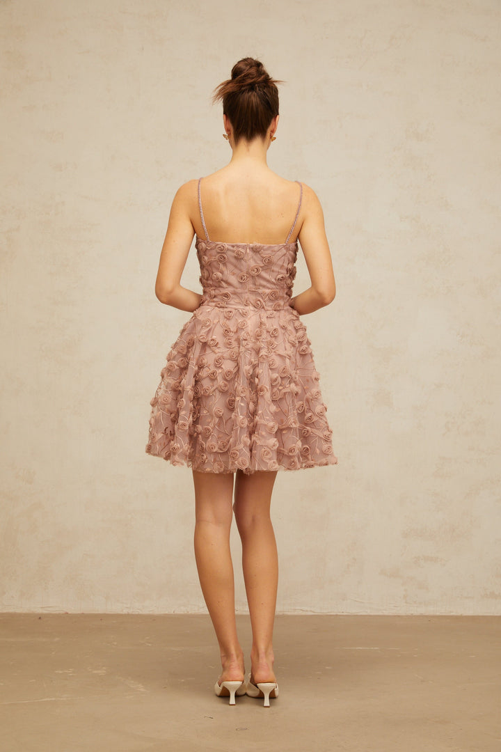 Aurore dusty-pink rose-appliqué flounced mini dress - Celestia Couture