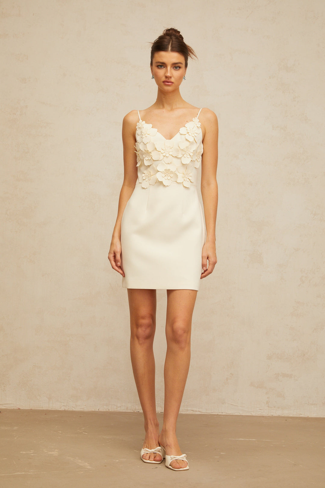 Xavière white V-neck 3d-petal mini dress - Celestia Couture