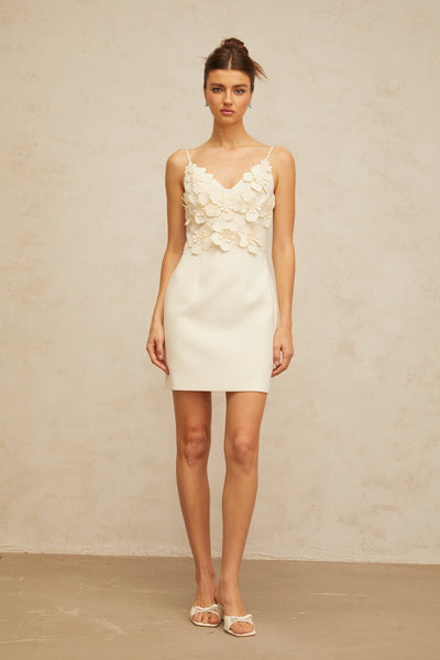 Xavière white V-neck 3d-petal mini dress