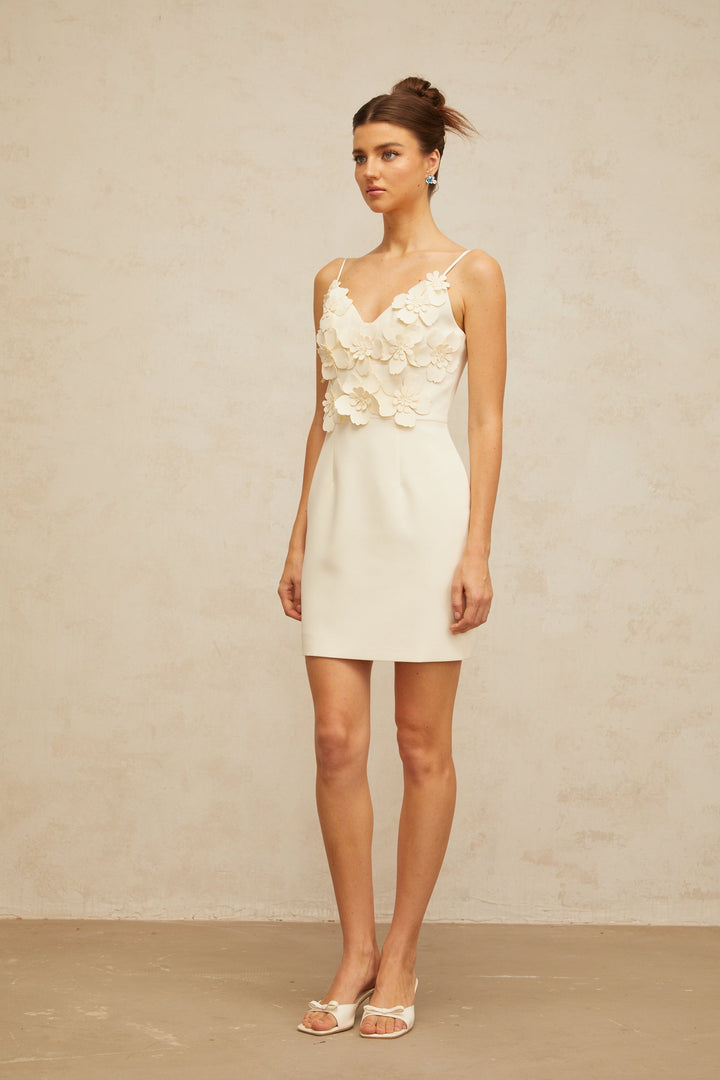 Xavière white V-neck 3d-petal mini dress - Celestia Couture