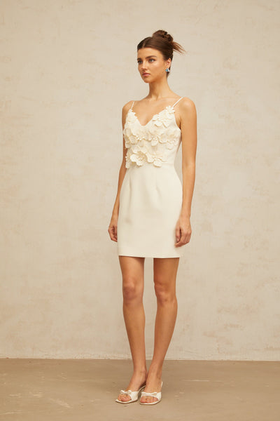Xavière white V-neck 3d-petal mini dress