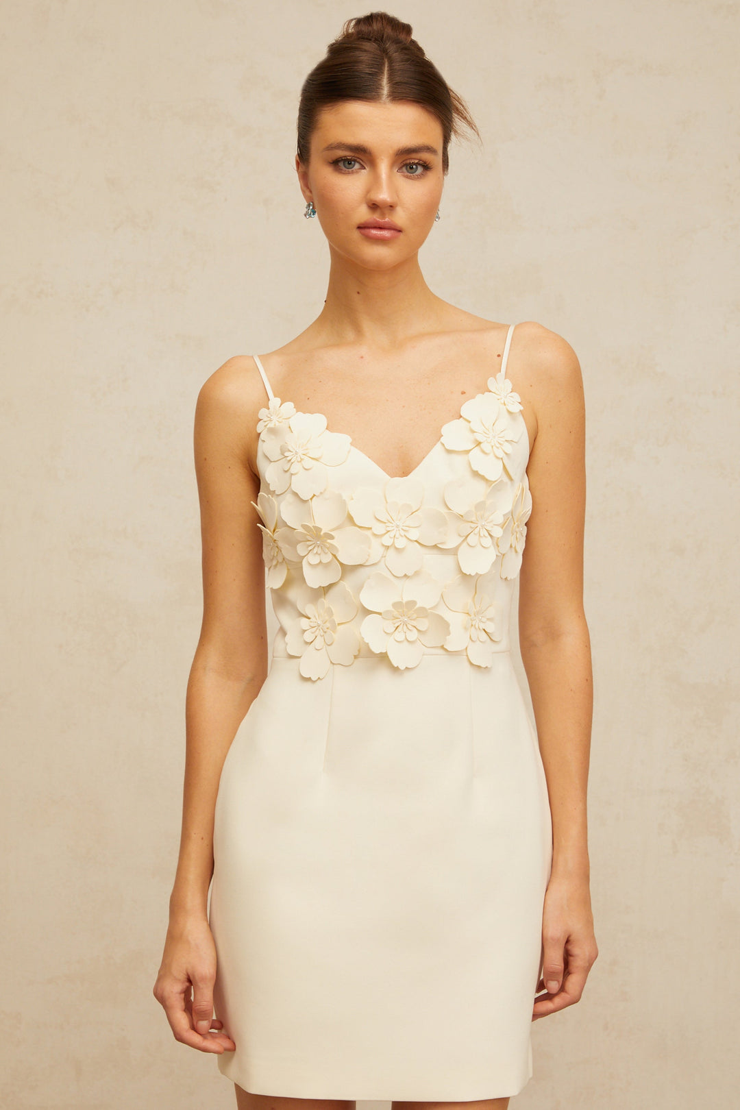 Xavière white V-neck 3d-petal mini dress - Celestia Couture