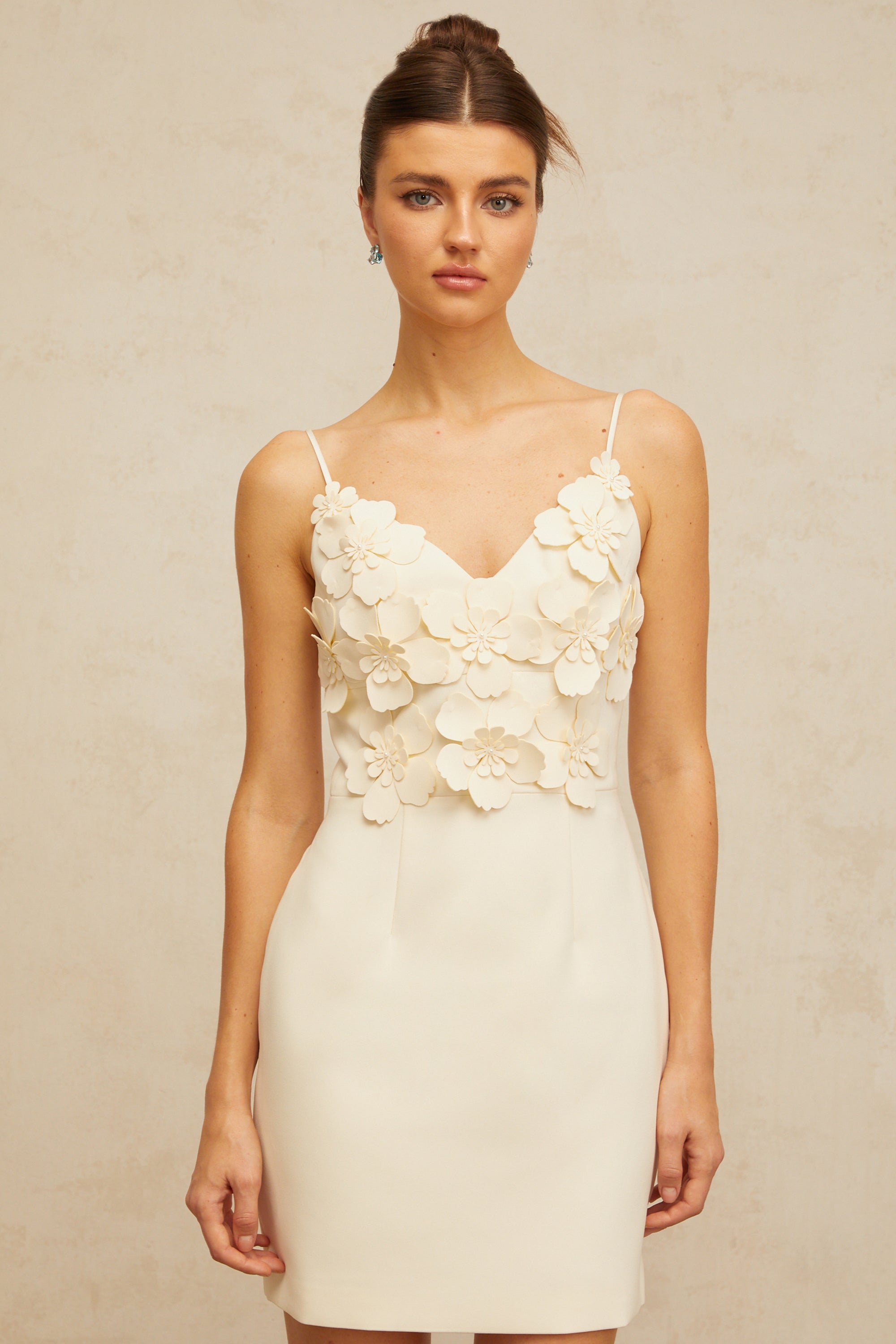 Xavière white V-neck 3d-petal mini dress