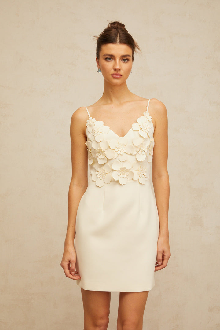 Xavière white V-neck 3d-petal mini dress - Celestia Couture