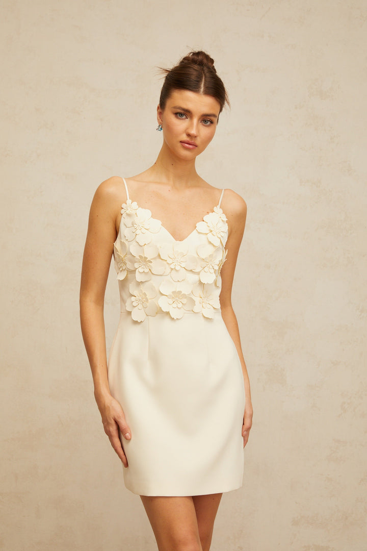 Xavière white V-neck 3d-petal mini dress - Celestia Couture
