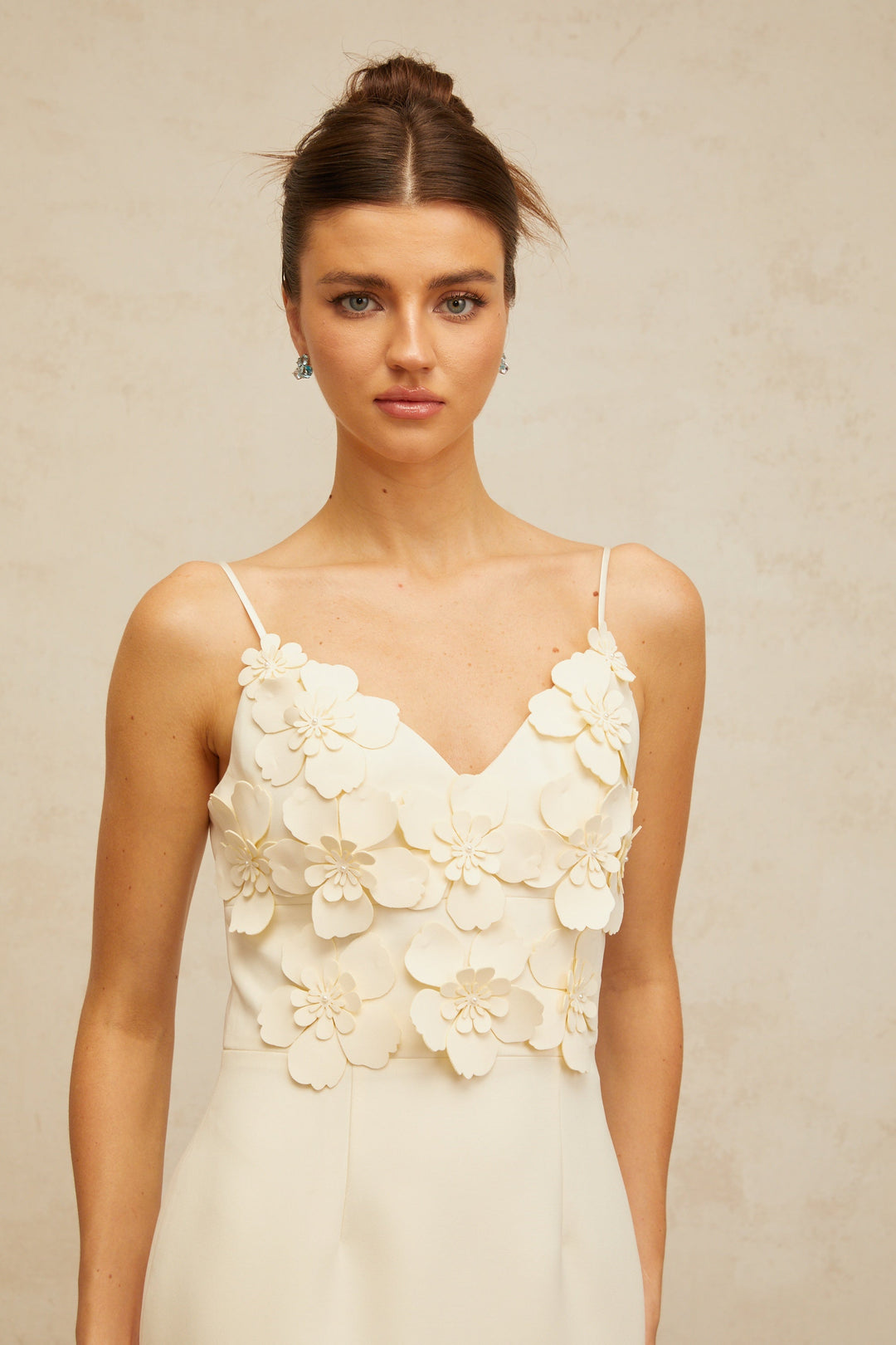 Xavière white V-neck 3d-petal mini dress - Celestia Couture