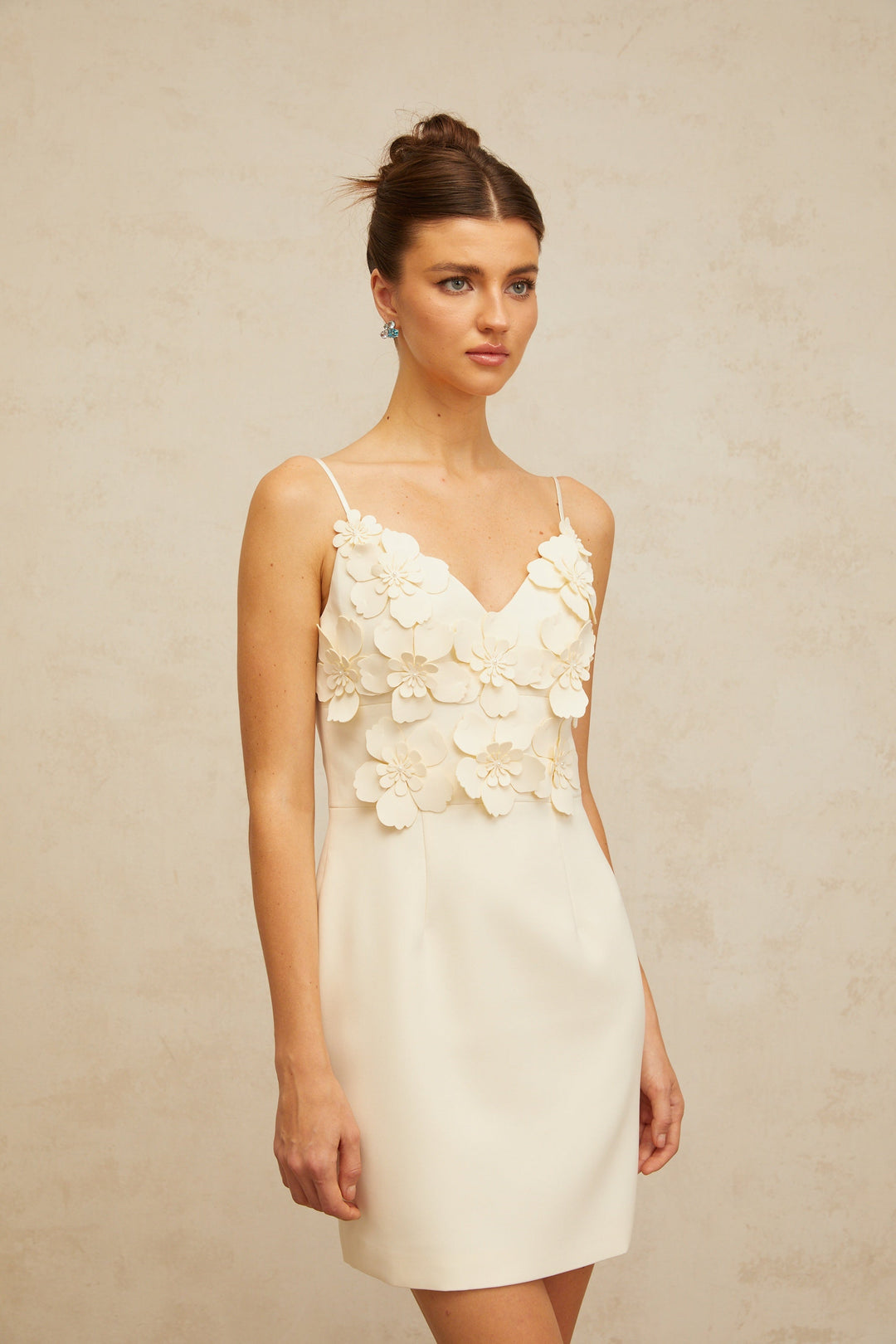 Xavière white V-neck 3d-petal mini dress - Celestia Couture